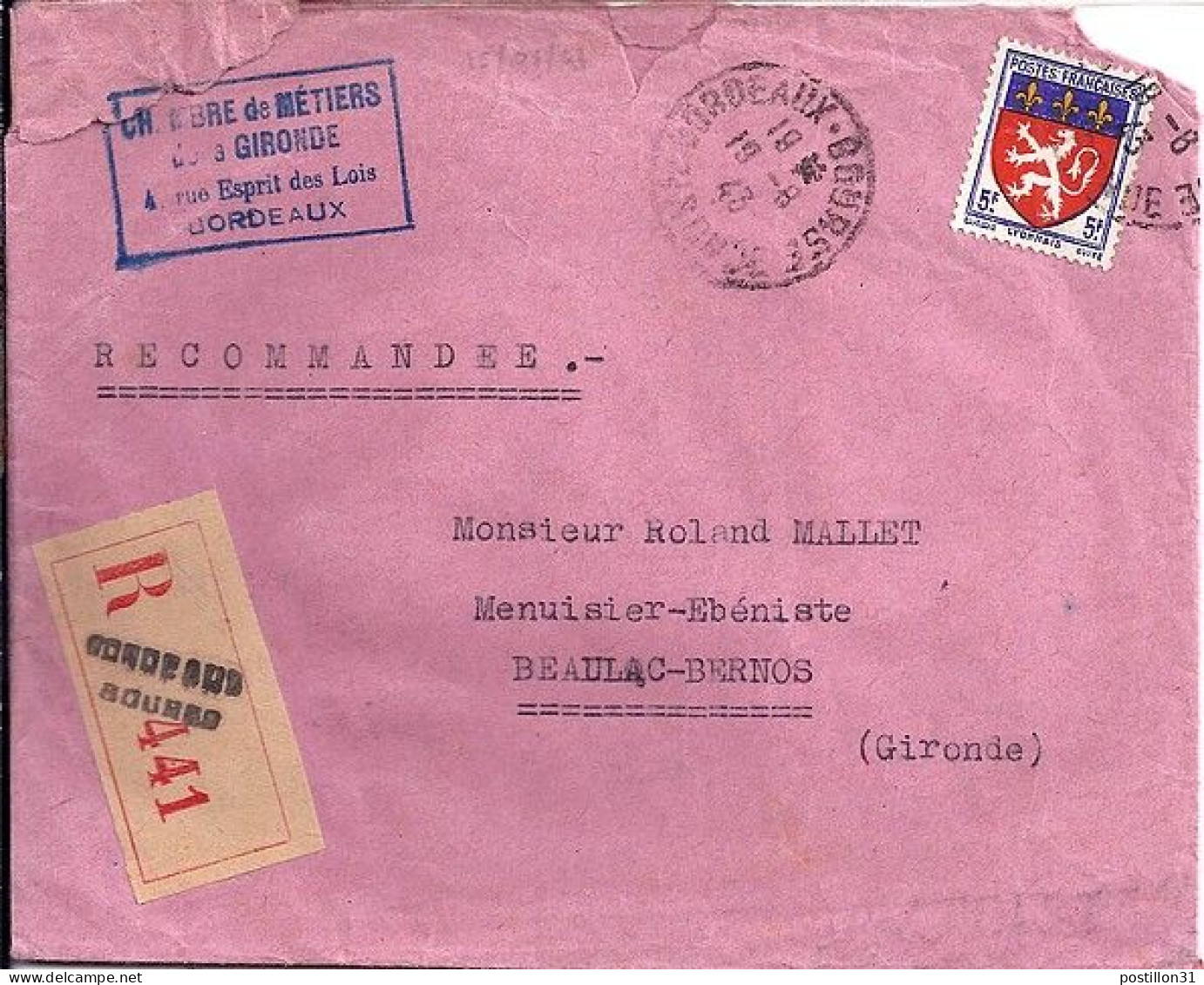 BLASONS N° 572 S/L. REC. DE BORDEAUX BOURSE/19.8.43 - 1941-66 Stemmi E Stendardi