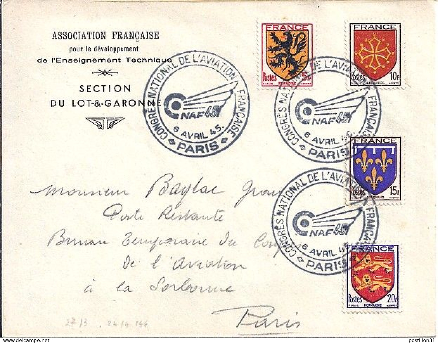 BLASONS N° 602/603/604/605 S/L. DE PARIS/CONGRES AVIATION FRANCAISE/6.4.45 - 1941-66 Escudos Y Blasones