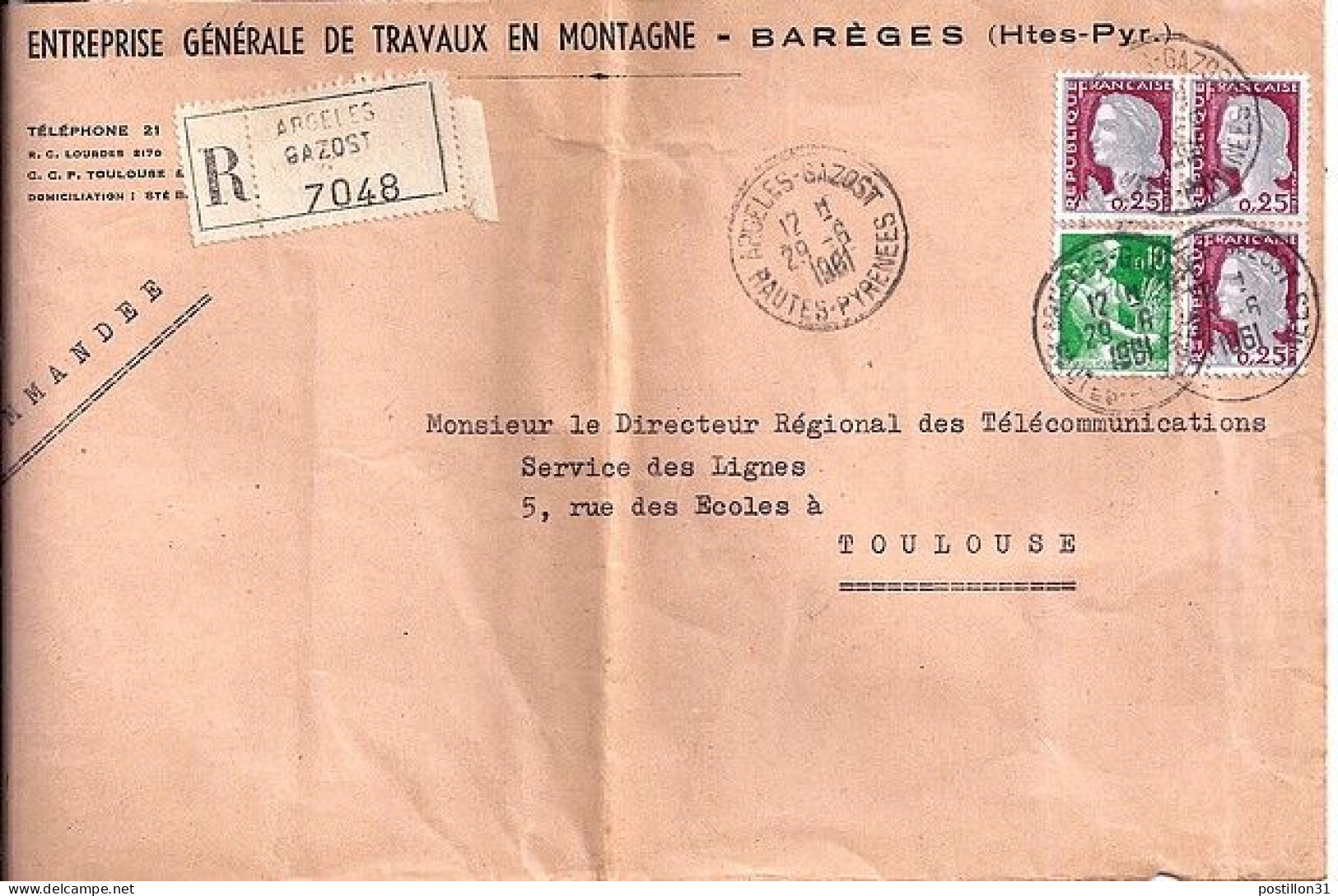 DECARIS N° 1263x3/1231 S/L.REC. DE ARGELES GAZOST / 29.6.61 - 1960 Marianne Of Decaris