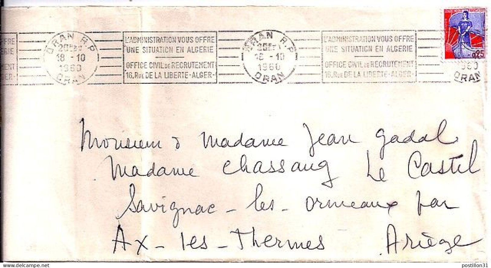 MARIANNE A LA NEF N° 1234 S/L. DE ORAN/ALGERIE/18.10.60 + OBL. - 1959-1960 Marianne (am Bug)