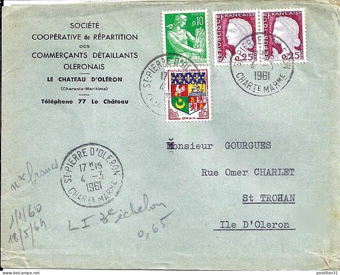 DECARIS N° 1263 X 2/1230A/1231 S/L. DE ST PIERRE D’OLERON/4.3.61 - 1960 Marianne Van Decaris