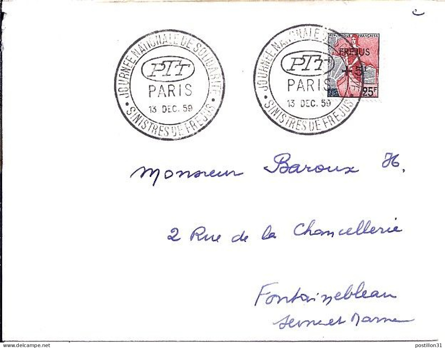 MARIANNE A LA NEF N° 1229 S/L DE PARIS/SINISTRES DE FREJUS/13.12.59 - 1959-1960 Marianne (am Bug)