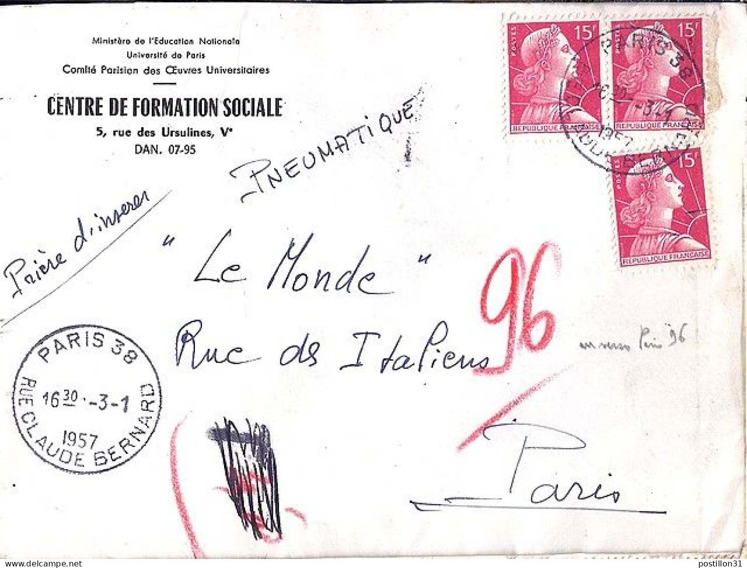 MULLER N° 1011x3 S/L. PNEUMATIQUE DE PARIS/1956-57 - 1955-1961 Marianne De Muller