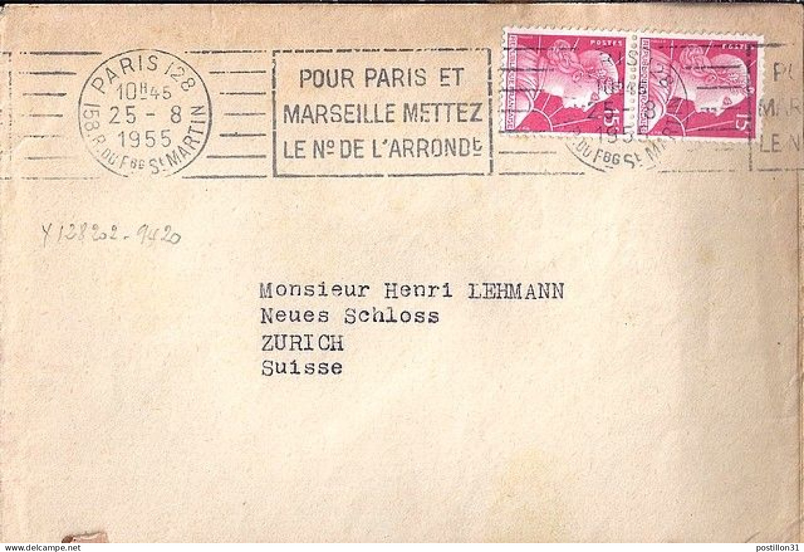 MULLER N° 1011 X 2 S/L. DE PARIS/25.8.55 POUR LA SUISSE - 1955-1961 Marianne (Muller)