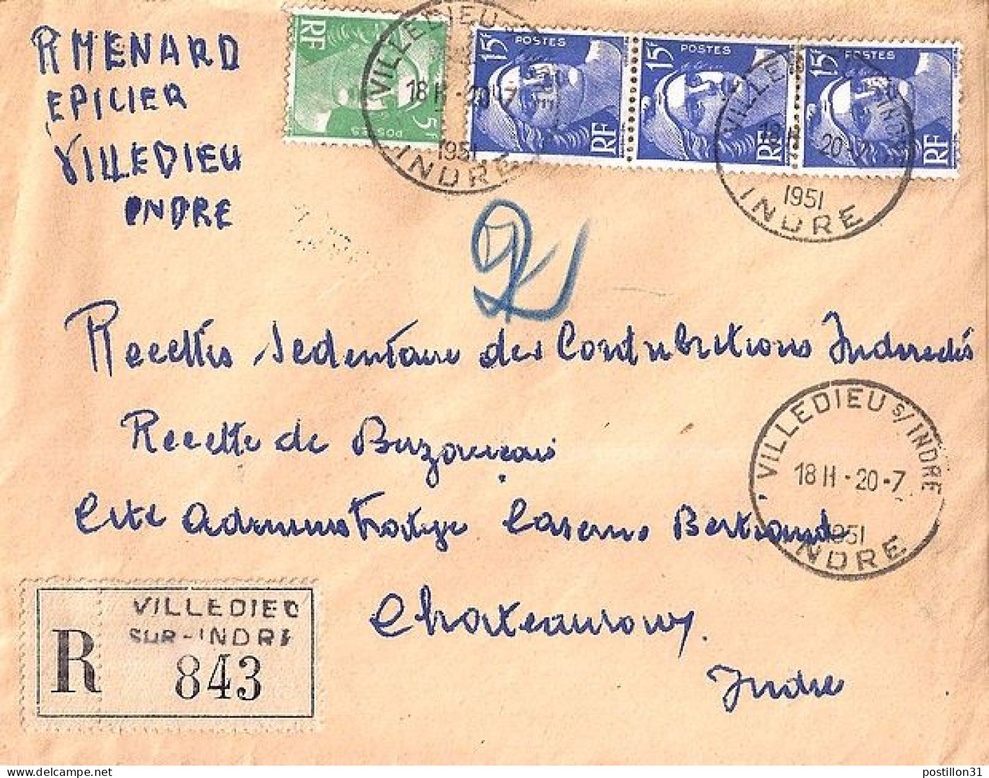 GANDON N° 886x3/809 S/L.REC. DE VILLEDIEU S/INDRE / 20.7.51 - 1945-54 Marianne Of Gandon