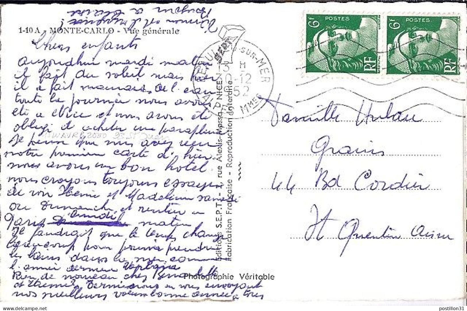 GANDON N° 884x2 S/CP DE BEAULIEU S/MER/30.12.52 - 1945-54 Marianna Di Gandon