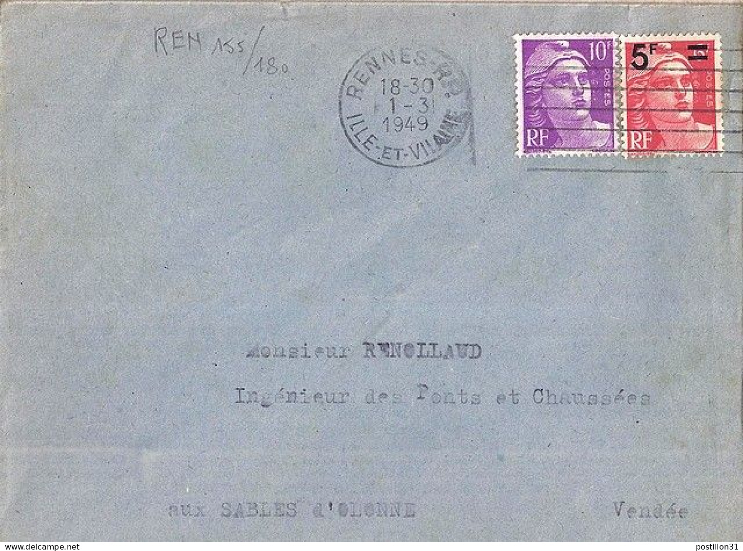 GANDON N° 827/811 S/L. DE RENNES/1.3.49 - 1945-54 Marianne Of Gandon