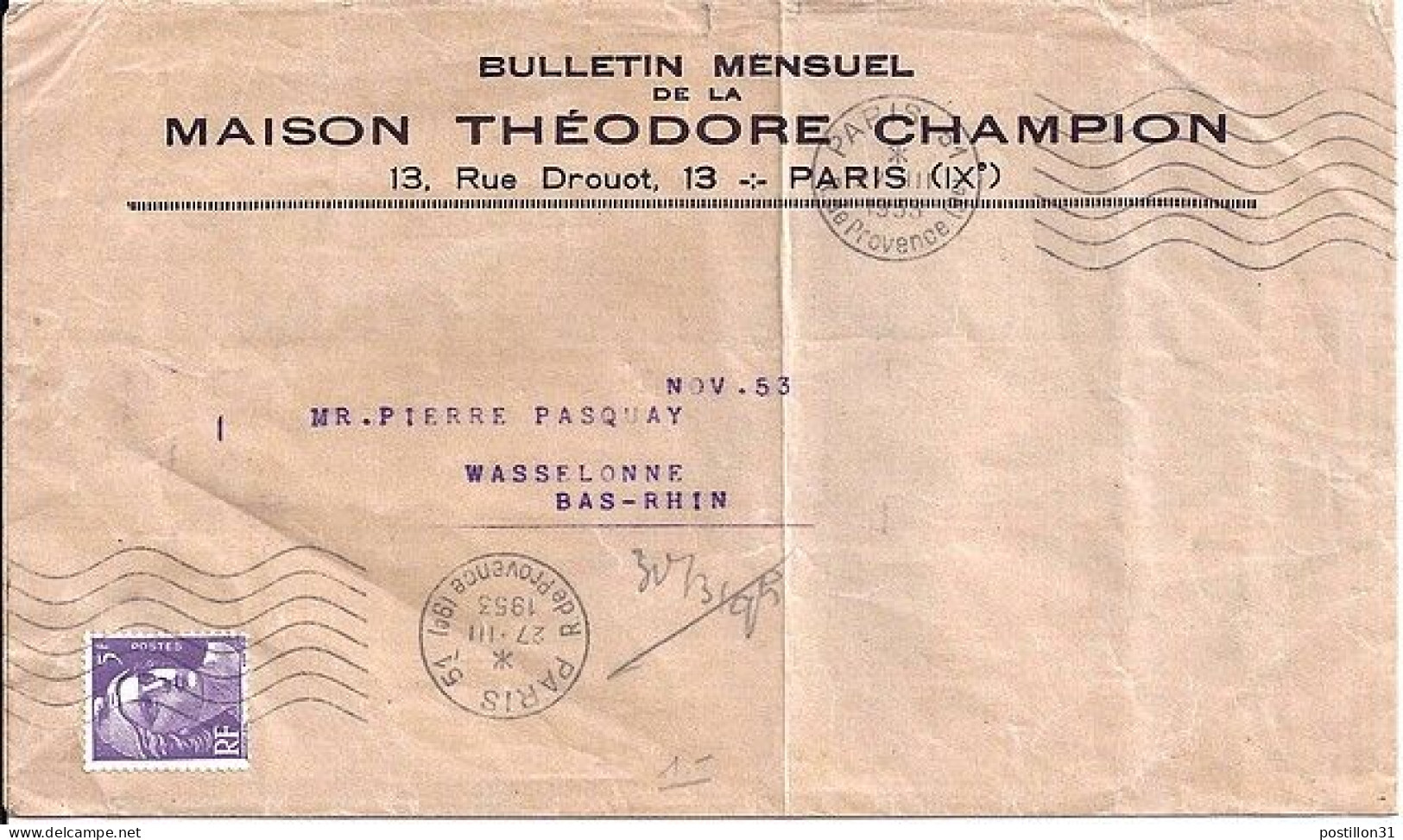 GANDON N° 883 S/L. DE PARIS/27.3.53 - 1945-54 Marianne De Gandon