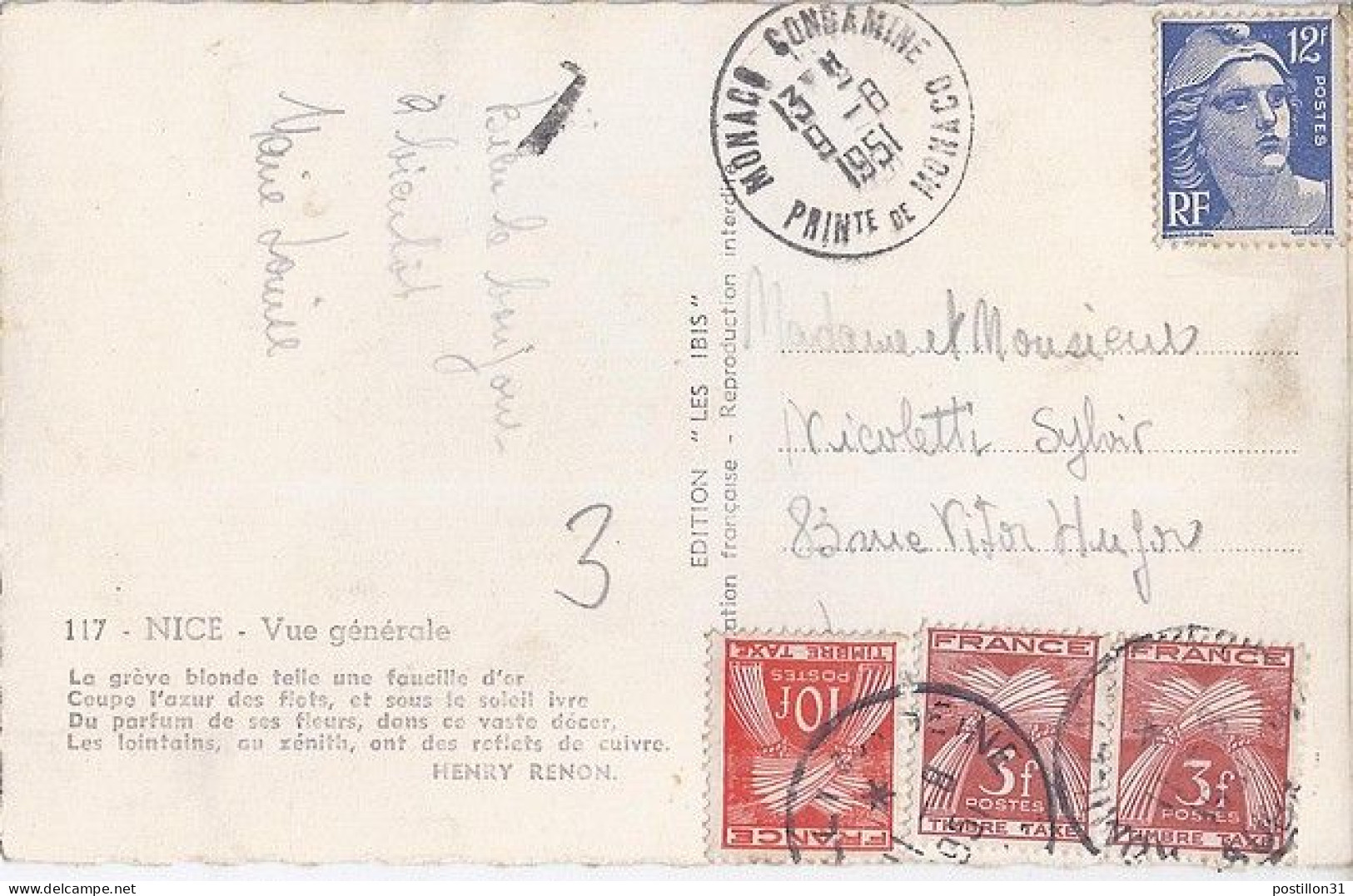 GANDON N° 812 S/CP. DE MONACO CONDAMINE, TAXEEcar Aff. D’un TP Français/9.8.51 - 1945-54 Marianne Of Gandon