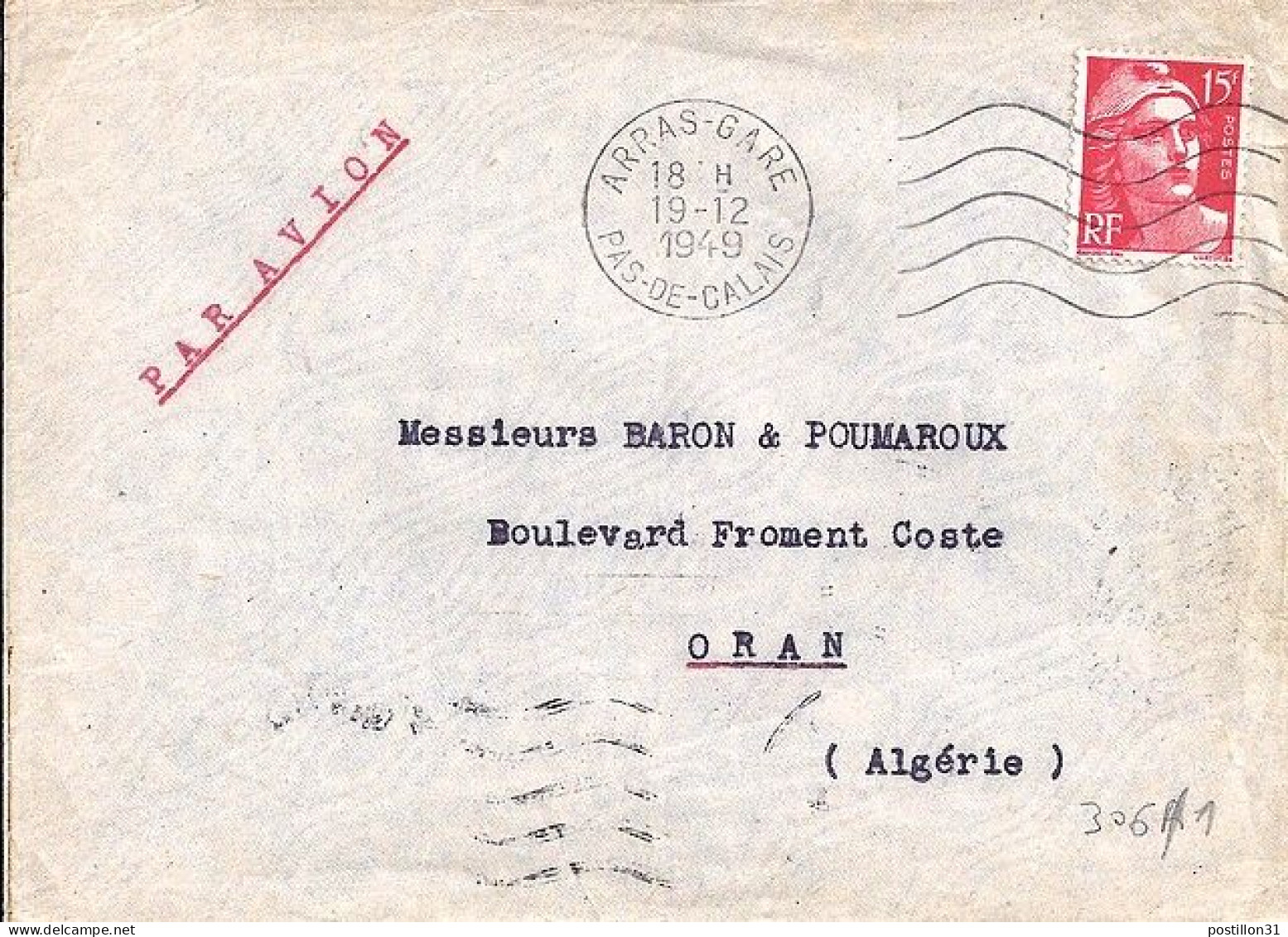 GANDON N° 813 S/L. DE ARRAS/19.12.49 POUR L’ALGERIE - 1945-54 Maríanne De Gandon