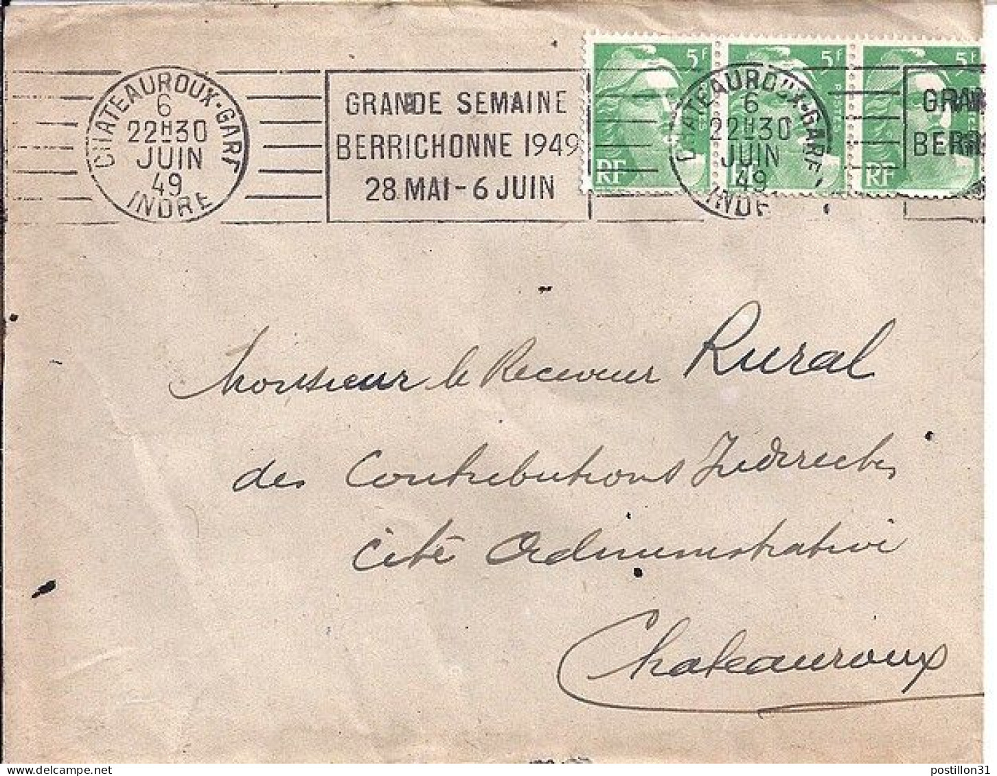 GANDON N° 809x3 S/L. DE CHATEAUROUX/1949 + OBL. MECA. - 1945-54 Marianne De Gandon