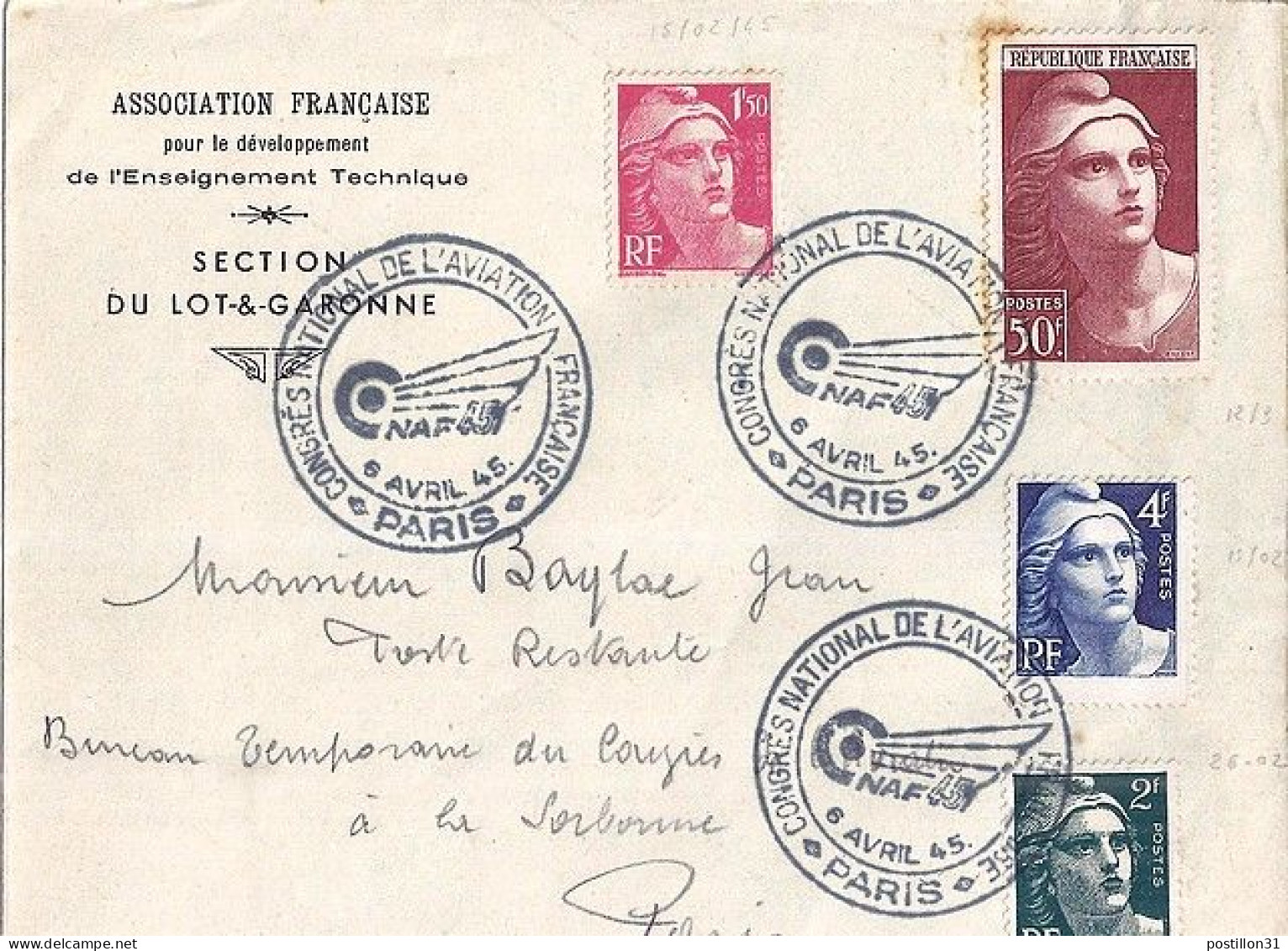 GANDON N° 732/725/713/712 S/L. DE PARIS/CONGRES Nal AVIATION/6.4.45 - 1945-54 Marianna Di Gandon