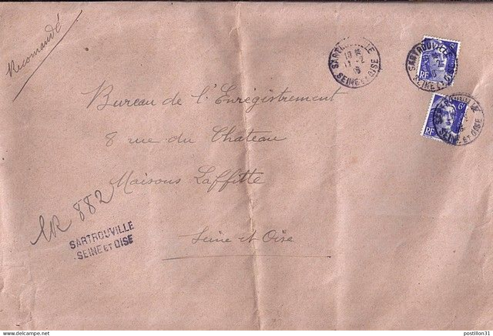 GANDON N° 720 X 2 S/L.REC. PROVISOIRE DE SARTROUVILLE/11.2.46 - 1945-54 Maríanne De Gandon