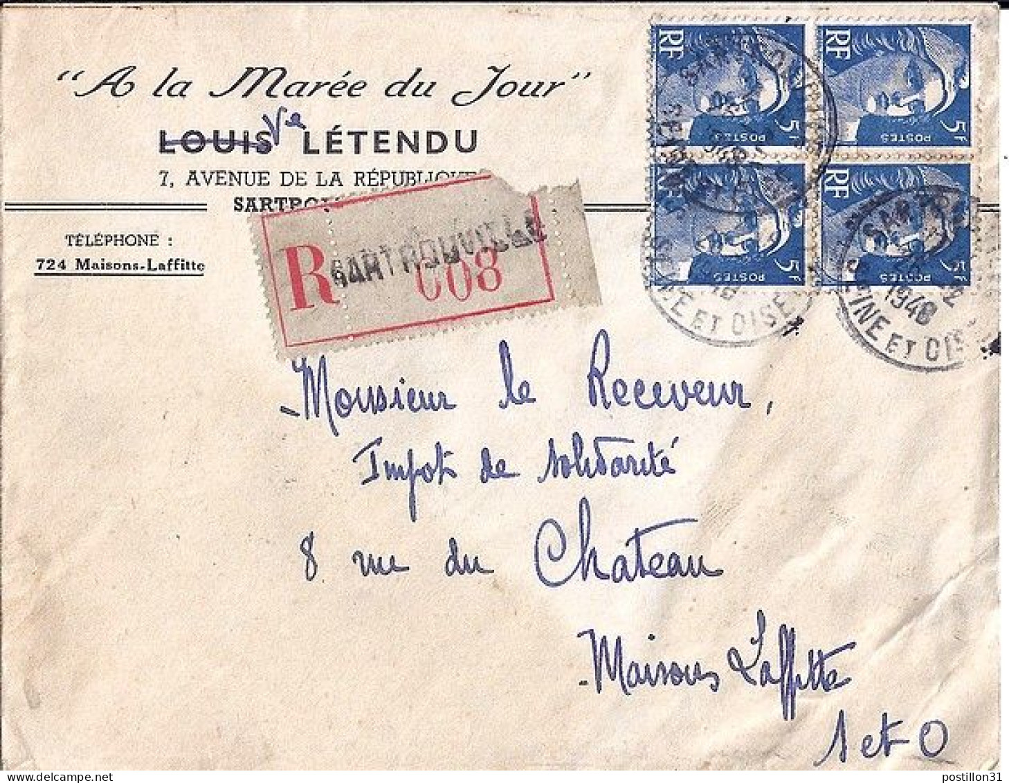 GANDON N° 719B X 4 S/L.REC. DE SARTROUVILLE/26.2.48 - 1945-54 Marianne De Gandon