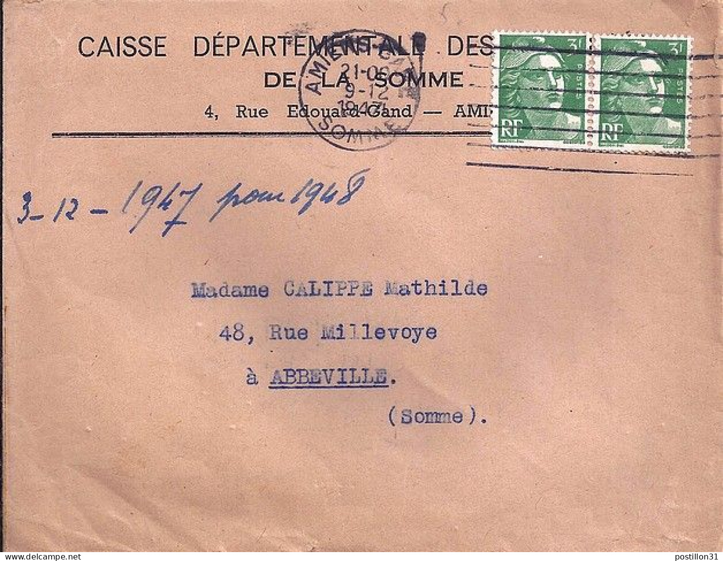 GANDON N° 716A X 2 S/L. DE AMIENS GARE/9.12.47 + OMEC - 1945-54 Marianna Di Gandon