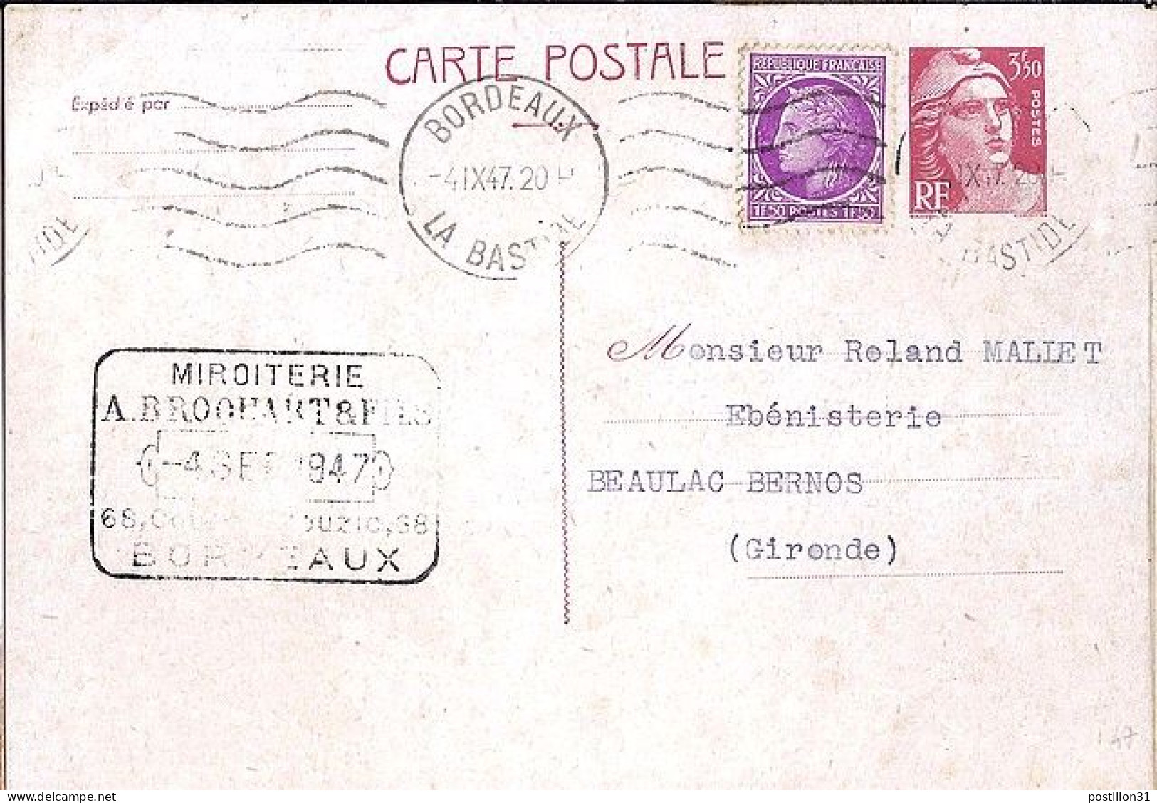 GANDON N° ENTIER 716B-CP1+679 DE BORDEAUX/4.9.47 - 1945-54 Marianne De Gandon