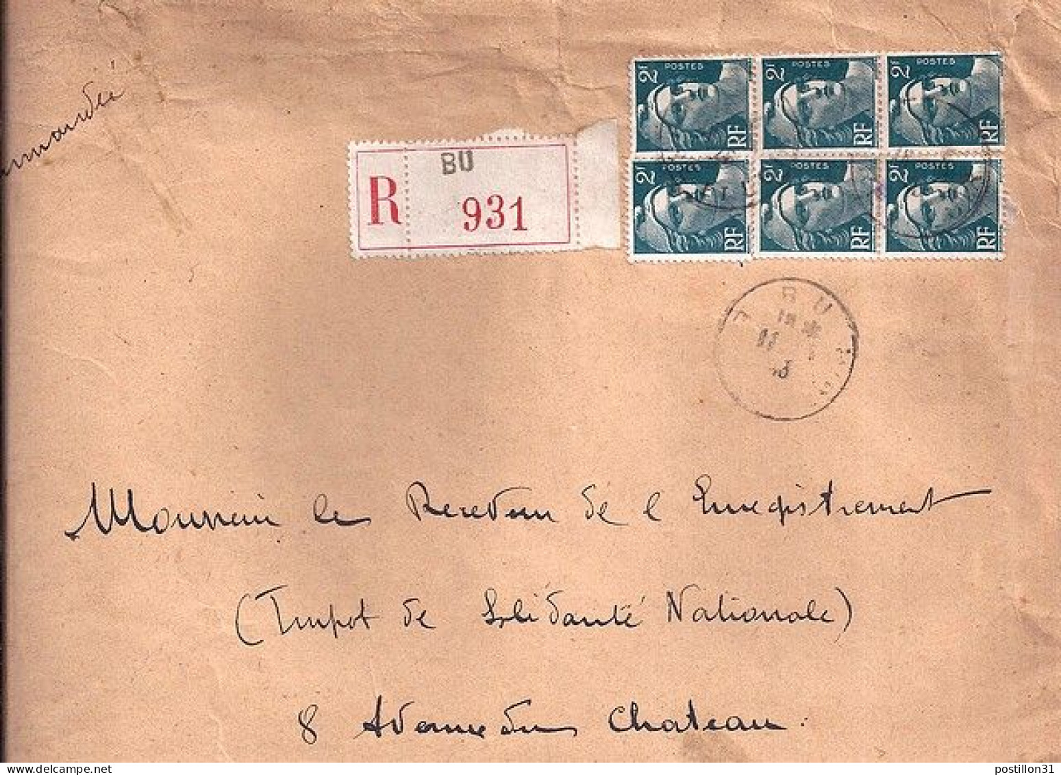 GANDON N° 713x6 S/DEVANT De L.REC. DE BU/11.2.46 - 1945-54 Marianne Of Gandon