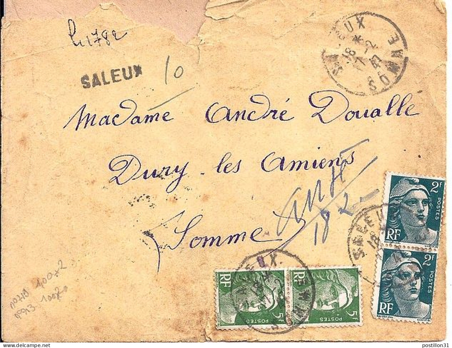 GANDON N° 713x2/719x2 S/L. REC. PROVISOIRE DE SALEUX/SOMME/17.2.47 - 1945-54 Maríanne De Gandon