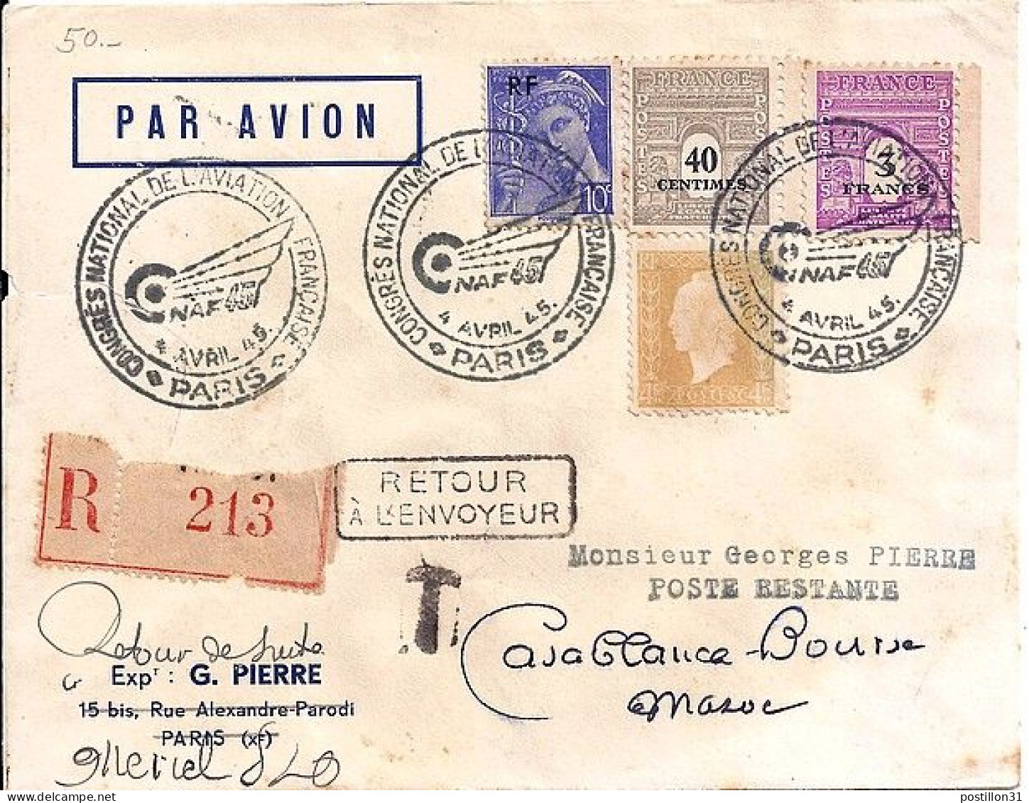 ARC DE TRIOMPHE N° 703/711/657/695 S/L.REC. DE PARIS/4.4.45 POUR LE MAROC - 1944-45 Arc De Triomphe