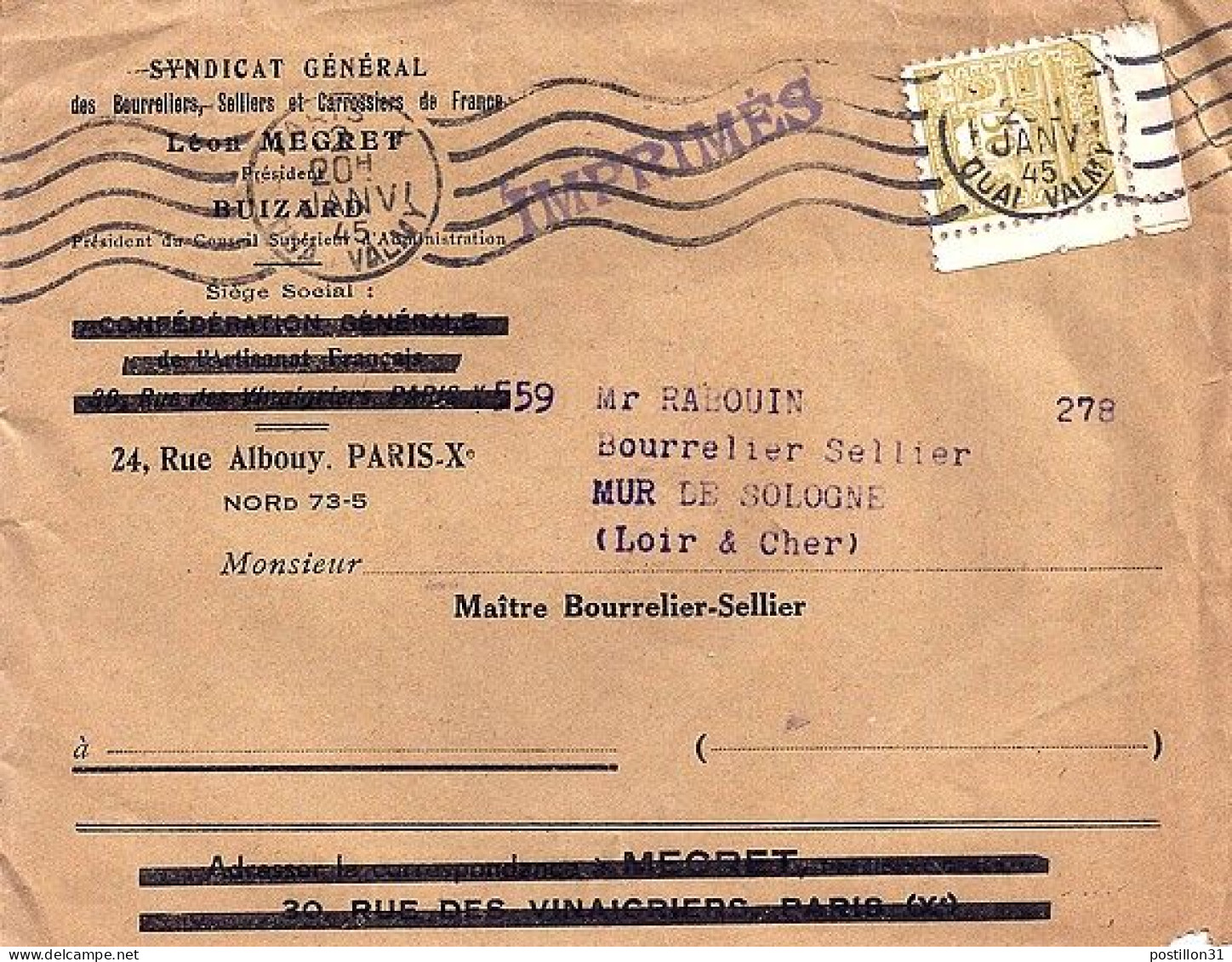 ARC DE TRIOMPHE N° 623 SUR LETTRE DE PARIS X/2.1.45 - 1944-45 Arco Del Triunfo