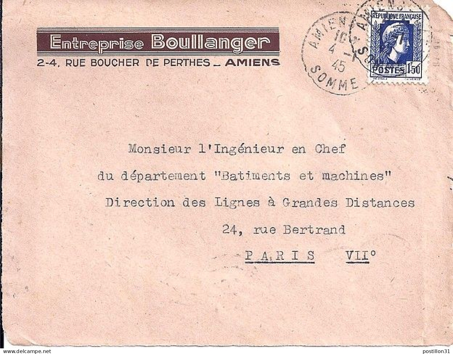 COQ & MARIANNE N° 639 S/DEVANT DE AMIENS/4.1.45 - 1944 Coq Et Maríanne D'Alger