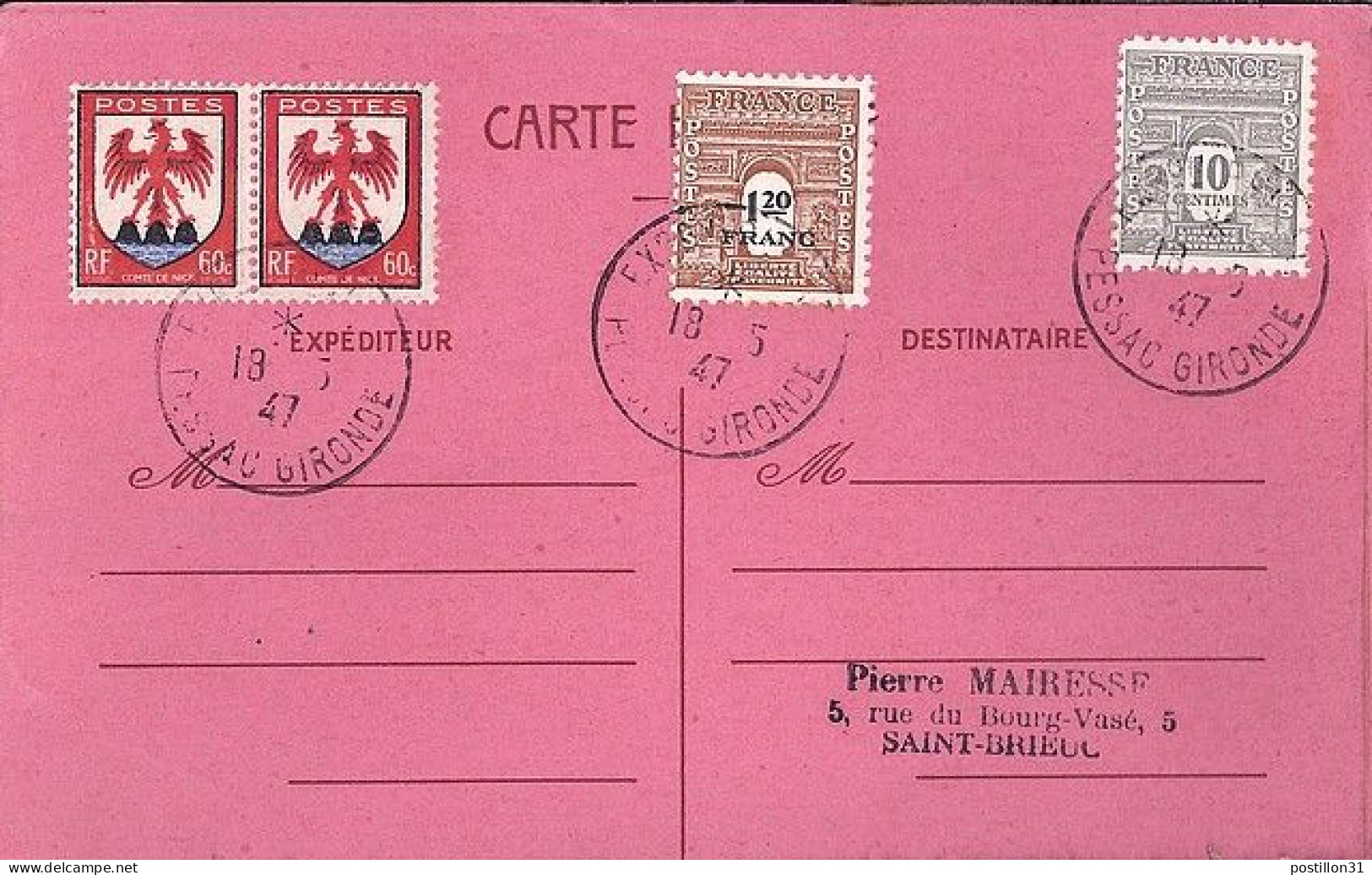 ARC DE TRIOMPHE N° 621/707/758x2 S/CP. DE PESSAC/EXPO PHIL/18.5.47 - 1944-45 Arc Of Triomphe