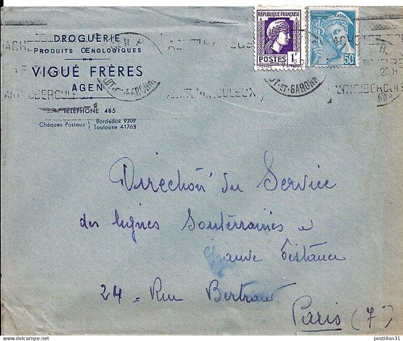 COQ & MARIANNE N° 637/549 S/L. DE AGEN / 30.6.45 - 1944 Marianne Van Algerije