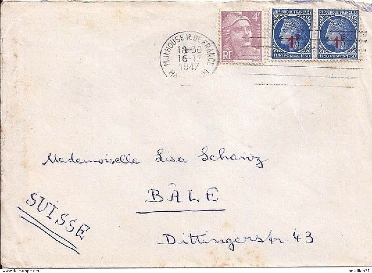 CERES N° 791x2/718 S/L. DE MULHOUSE/16.12.47 POUR LA SUISSE - 1945-47 Ceres (Mazelin)