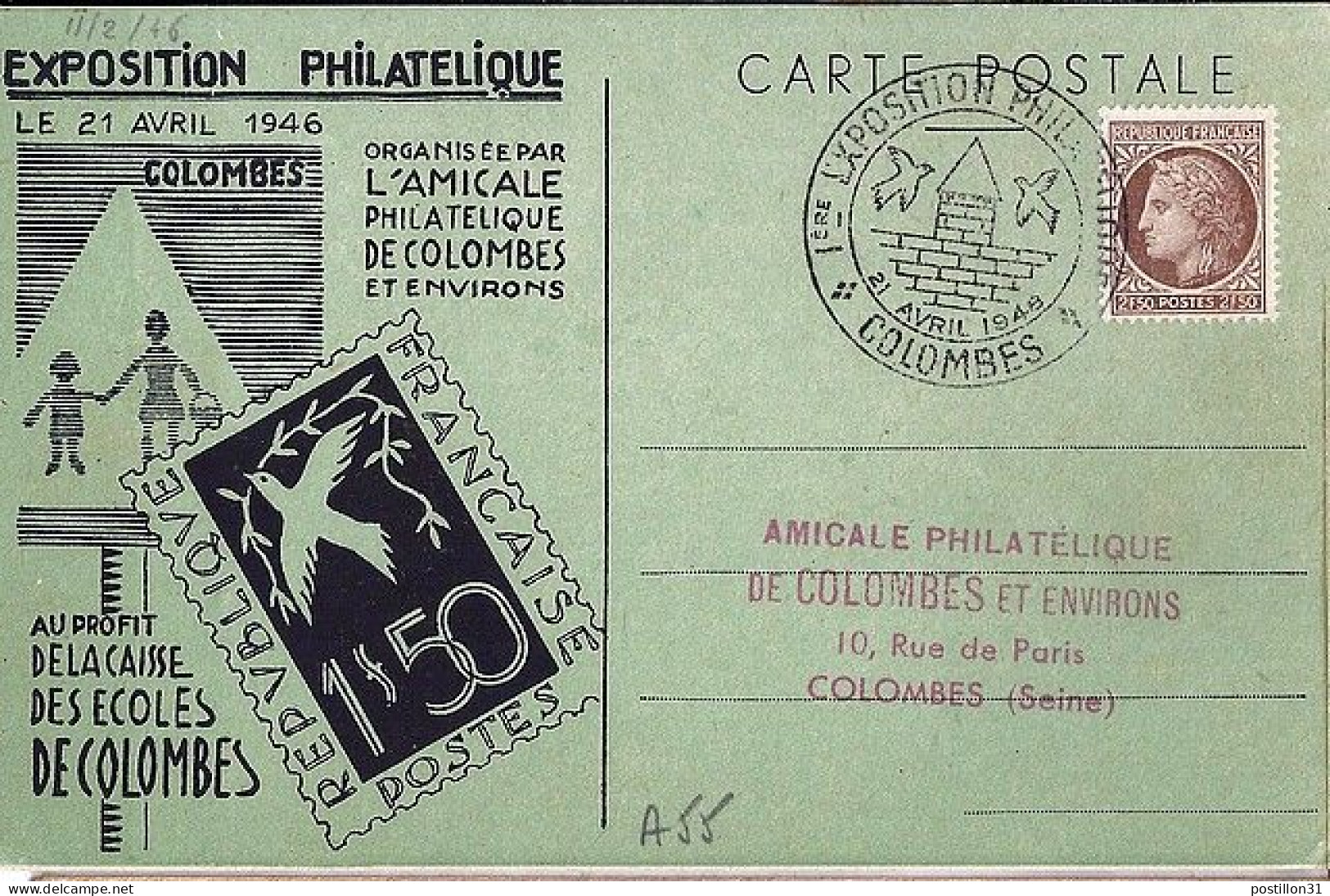 CERES N° 681 S/CP. DE COLOMBES/EXPO PHIL/21.4.46 - 1945-47 Cérès De Mazelin
