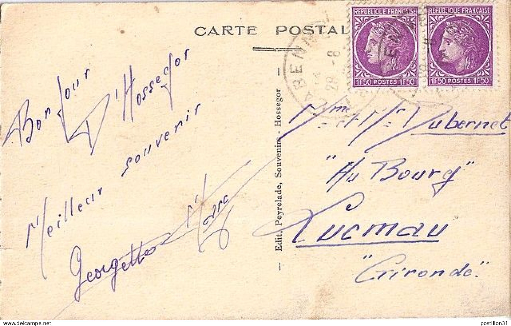 CERES N° 679x2 S/CP. DE HOSSEGOR/28.8.47 - 1945-47 Ceres (Mazelin)