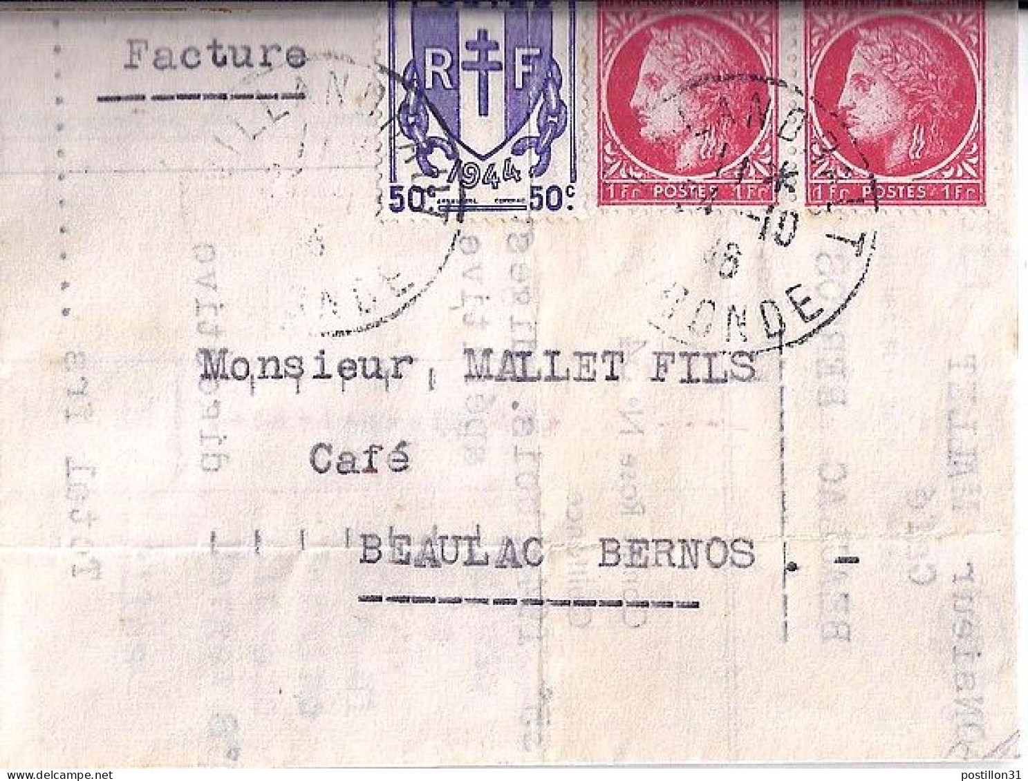 CERES N° 676x2/673 S/FACTURE DE VILLANDRAUT/24.10.46 - 1945-47 Cérès De Mazelin
