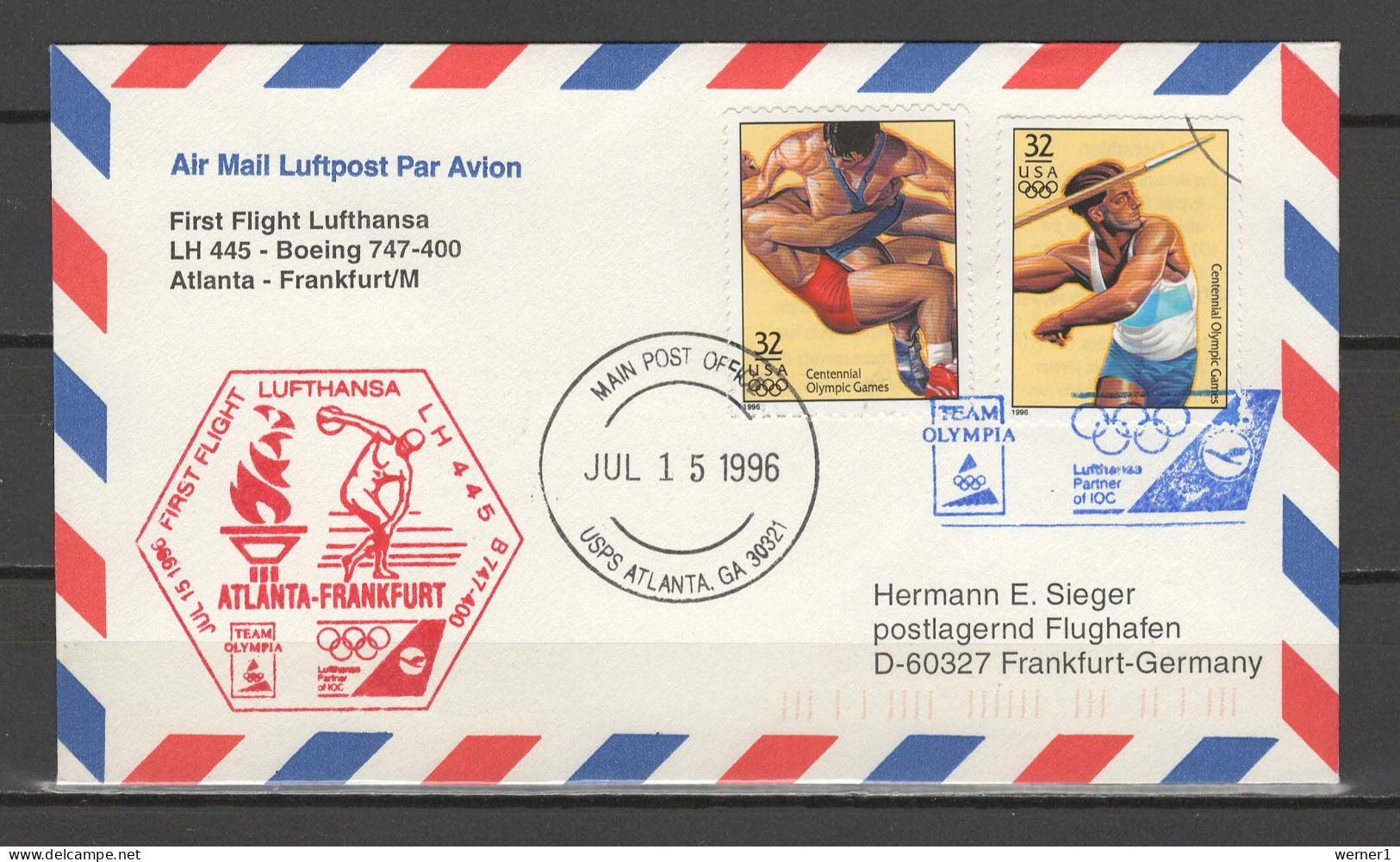 USA 1996 Olympic Games Atlanta First Flight Cover To Germany By LH 445 - Verano 1996: Atlanta