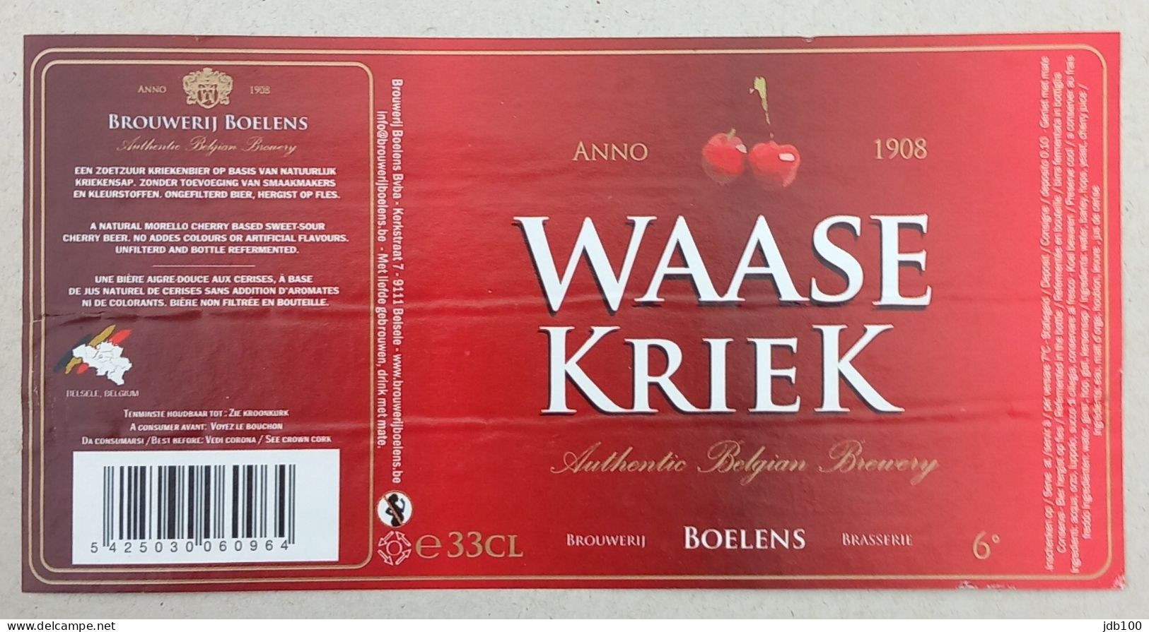 Bier Etiket (2b4b), étiquette De Bière, Beer Label, Waase Kriek Brouwerij Boelens - Bier