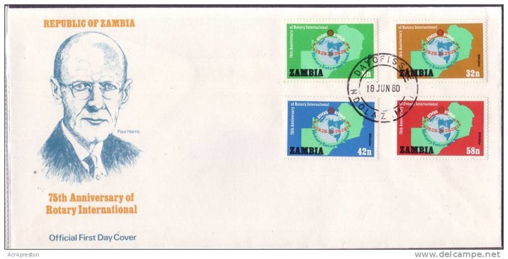 Zm0306f Zambia 1980, SG 306-369 75th Anniv Rotary FDC - Zambia (1965-...)