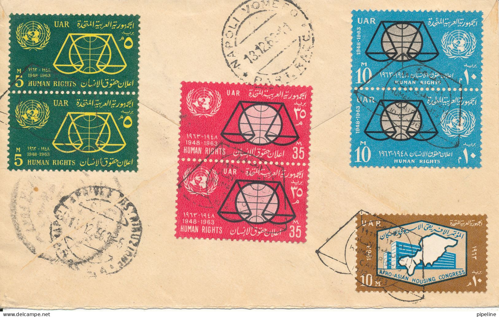 Egypt Registered FDC 10-12-1963 Human Rights Uprated And Sent To Italy (see Scans) - Covers & Documents