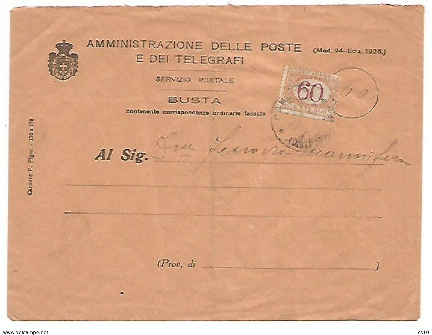 SegnaTasse Cifra Carminio C.60 #26 Isolato TC Busta Amm.PPTT Carrara 1926 X Ferrovia Marmifera - Impuestos