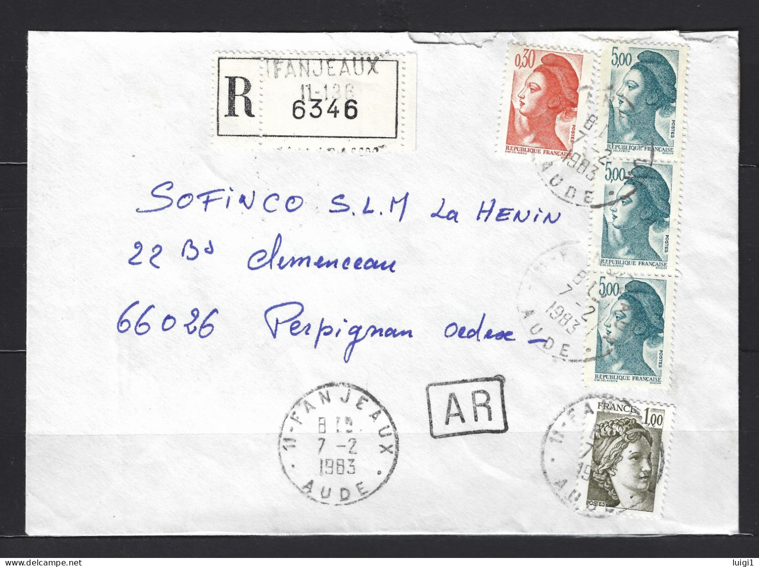 FRANCE LIBERTE 1982 - Lettre Recommandée, Affranchie Avec Y&T N°2057-2182-2190. Du 7-2-1983. 11 FANJEAUX - Aude.  TB. - 1982-1990 Liberty Of Gandon