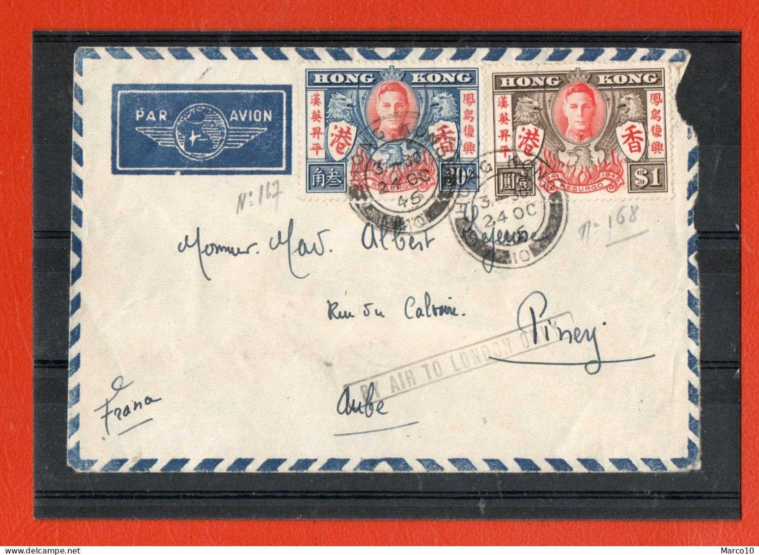 CHINE CHINA HONG KONG  LETTRE POUR LA FRANCE - 1912-1949 République