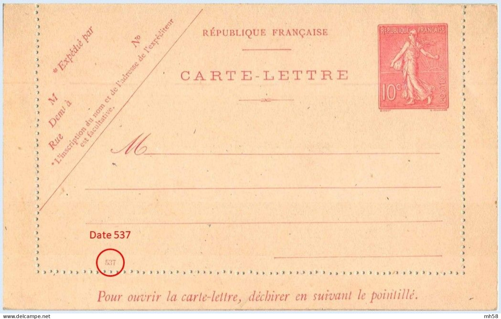 Entier FRANCE - Carte-lettre Date 537 Neuf - 10c Semeuse Lignée Rose - Cartes-lettres