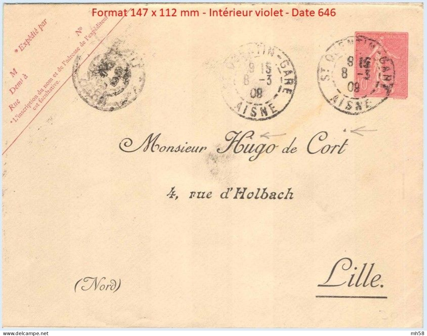 Entier FRANCE - Enveloppe Date 646 Intérieur Violet Oblitéré - 10c Semeuse Lignée Rose - Standard Covers & Stamped On Demand (before 1995)