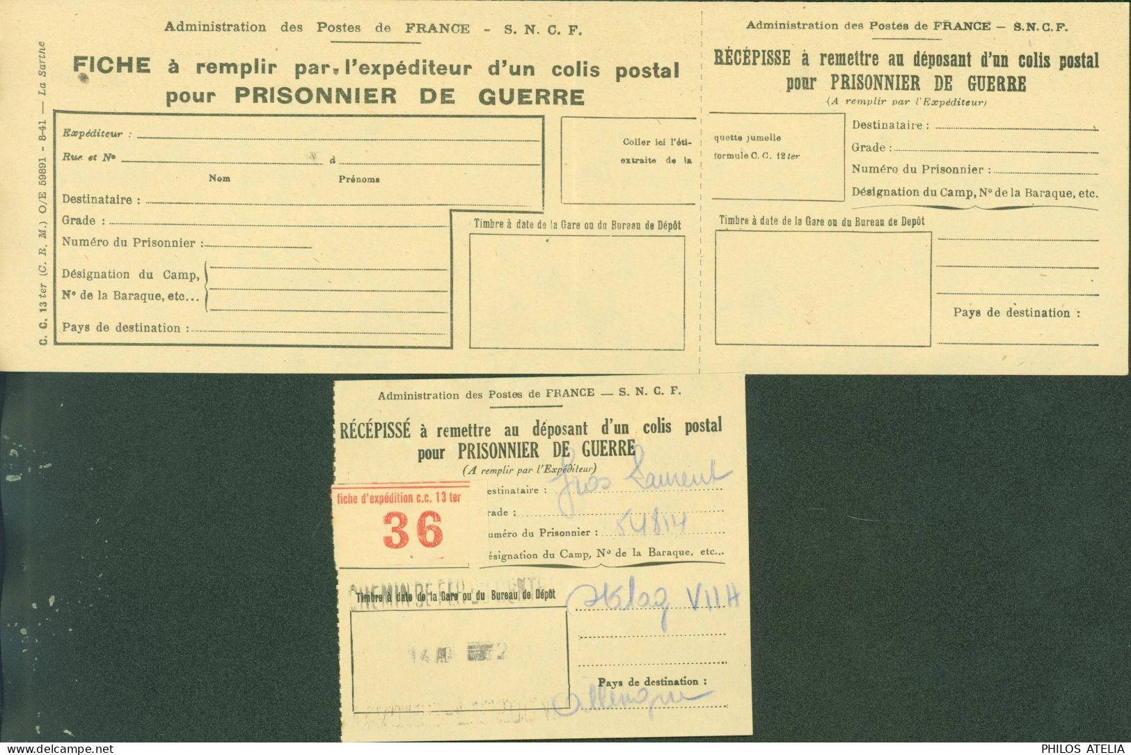 Guerre 40 Fiche Pr Expédition Colis Postal Pour Prisonnier Stalag VIIA Moosburg + Récépissé - 2. Weltkrieg 1939-1945