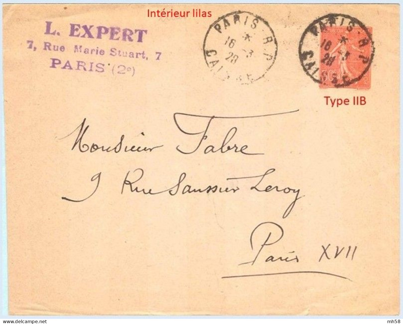 Entier FRANCE - Enveloppe Intérieur Lilas Oblitéré - 50c Semeuse Lignée Rouge - Standard Covers & Stamped On Demand (before 1995)