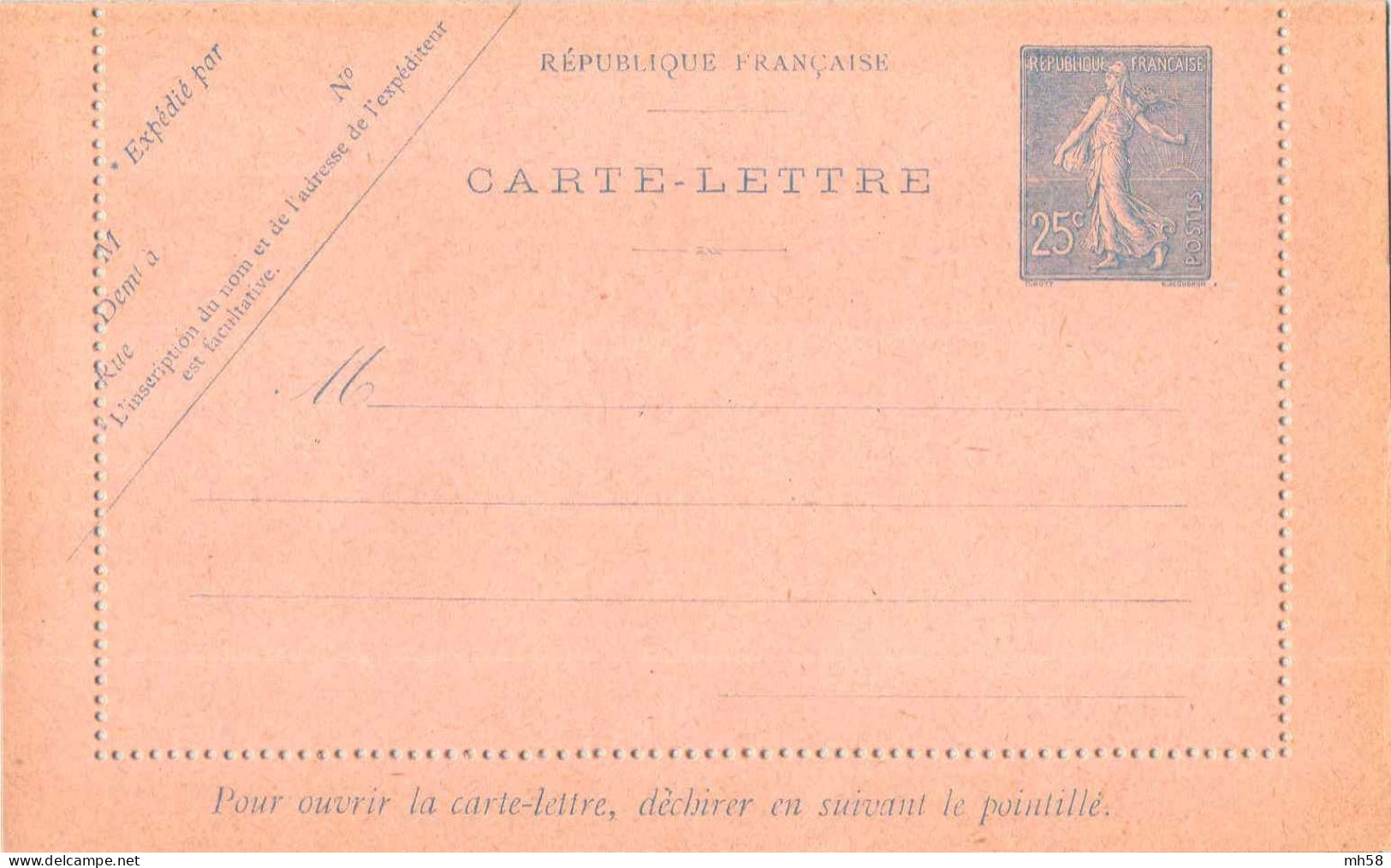 Entier FRANCE - Carte-lettre Carton Rose Neuf ** - 25c Semeuse Lignée Bleu - Cartes-lettres