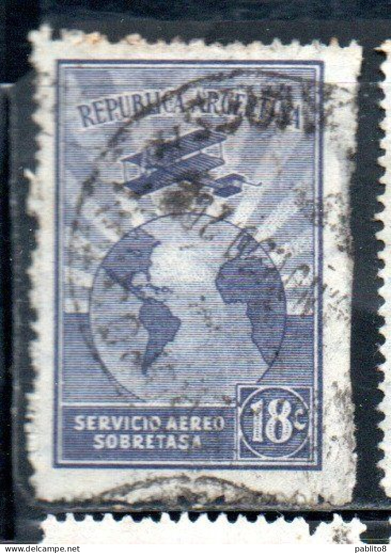 ARGENTINA 1928 AIR POST MAIL CORREO AEREO AIRMAIL AIRPLANE PLANE CIRCLES THE GLOBE 18c USED USADO OBLITERE' - Poste Aérienne