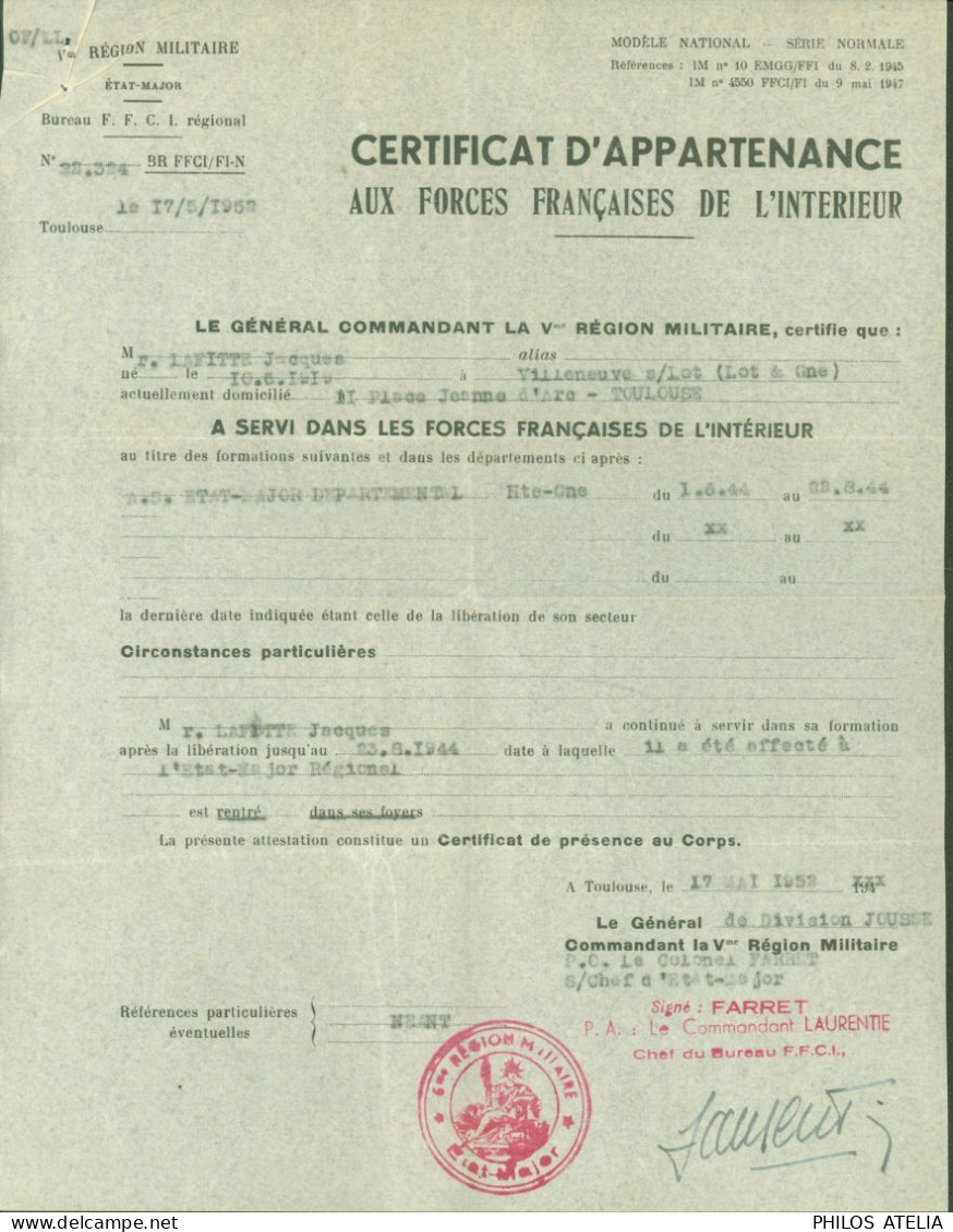 Guerre 40 Certificat D'appartenance FFI Forces Française De L'intérieur 1 6 44 / 22 8 44 Cachet 5e Région Militaire - Oorlog 1939-45