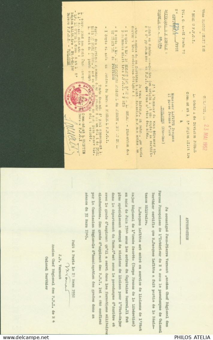 Guerre 40 Certificat D'appartenance FFI Forces Française De L'intérieur 1952 + Attestation Appartenance Armée Secrète - Guerra Del 1939-45