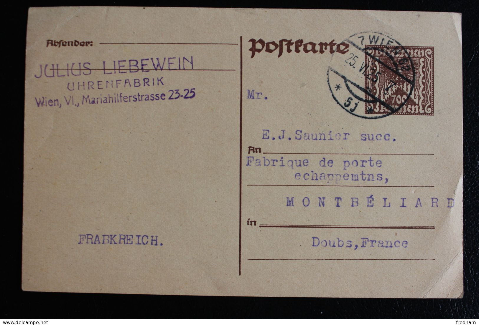 1925 CACHET 7 WIEN 62 5J 25-VI-1925 ENTIER CP  700 KRONEN POUR MONTBELIARD FRANCE - Cartes Postales
