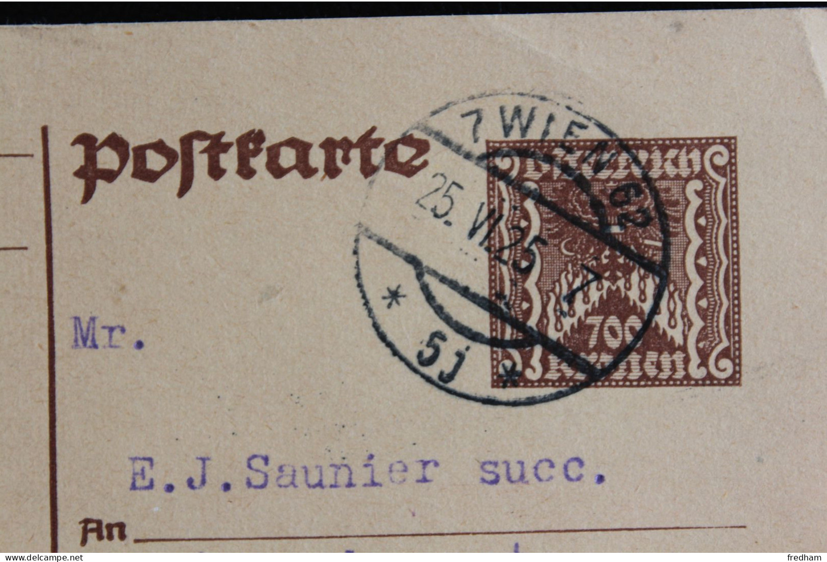 1925 CACHET 7 WIEN 62 5J 25-VI-1925 ENTIER CP  700 KRONEN POUR MONTBELIARD FRANCE - Briefkaarten