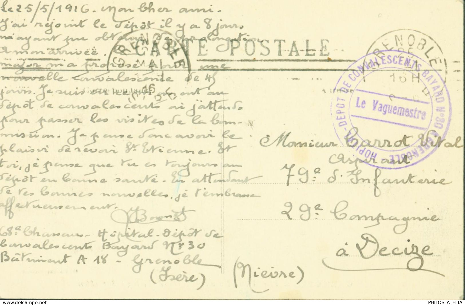 Guerre 14 CPA Grenoble Cachet Hôpital Dépôt De Convalescents Bayard N°30 Grenoble Le Vaguemestre CAD 25 5 1916 - WW I