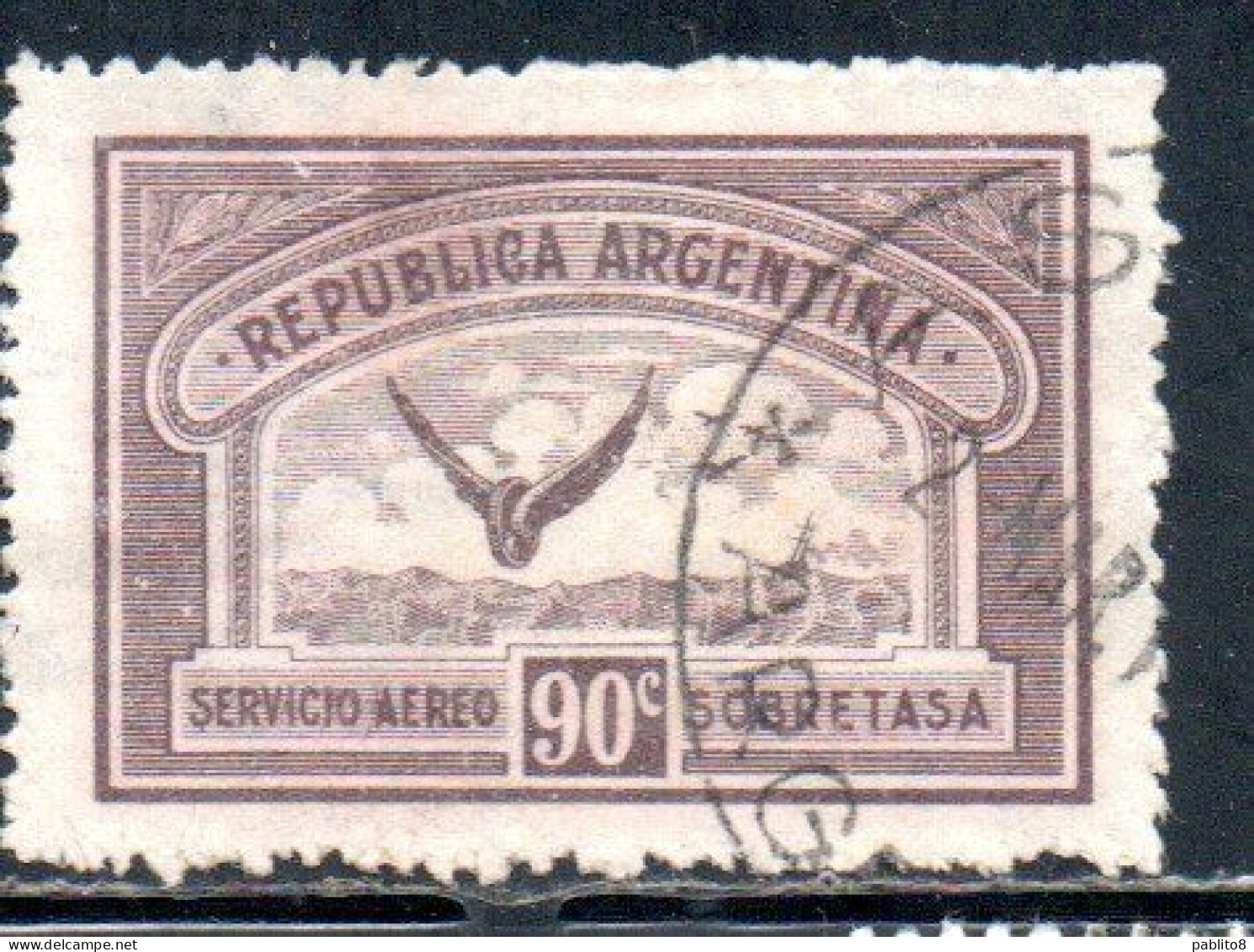 ARGENTINA 1928 AIR POST MAIL CORREO AEREO AIRMAIL WINGS CROSS THE SEA 90c USED USADO OBLITERE' - Posta Aerea